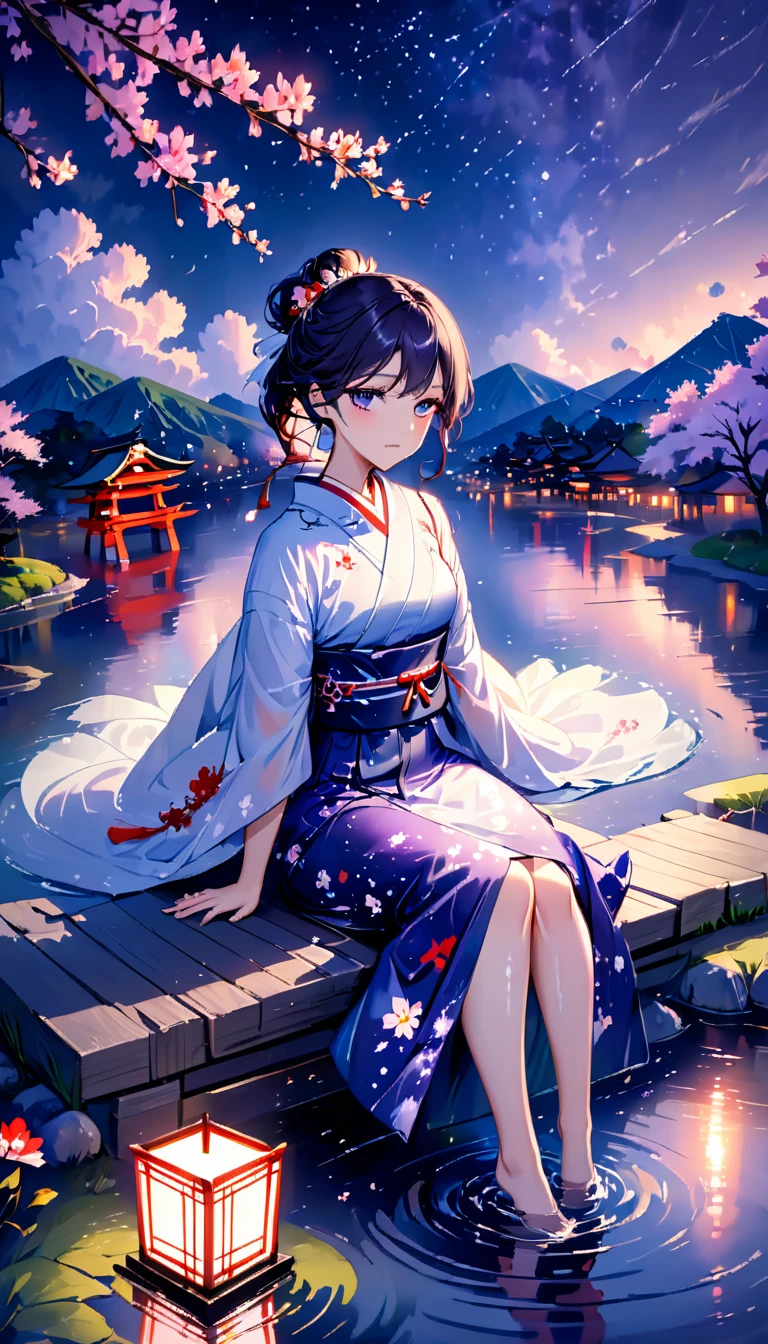 beautiful woman,Full body soaked in water,8head and body,Japanese clothing,night,月night,Clouds purple and blue,Fine starry sky,wet skin,sexy,Sadness,glossy,Sit on the water,water splash on background,water dripping,The kimono is transparent,Eye color is indigo,take your eyes off,firefly light,A lantern floating on the water,Lights scattered in the background,Japan shrine in the background,night桜