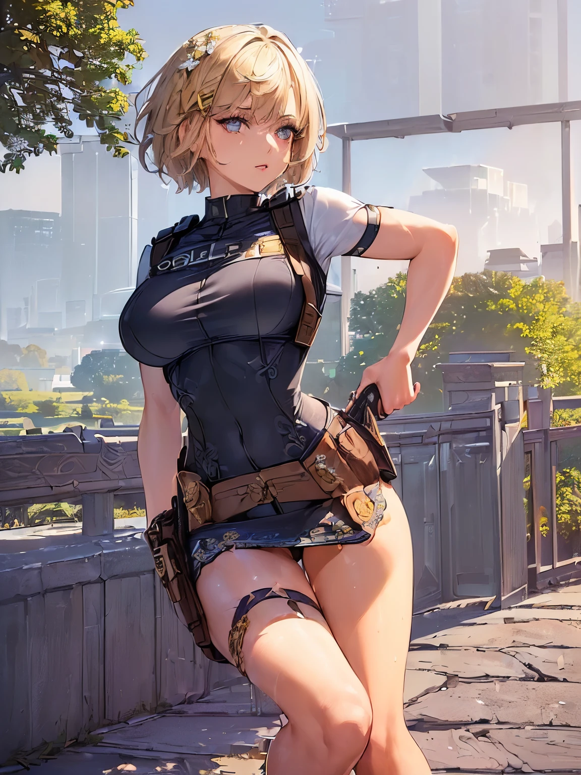 ((highest quality)),(ultra high resolution),(Super detailed),(detailed description),((best CG)),(best work of art),super precision art,great drawing art,(Art with precise details:1.5), (1 female police officer:1.8),(beautiful and well-shaped face:1.5),(Strong-willed eyes:1.5,(light makeup:1.6),(Moist body flaxen short hair:1.6),(Tight uniform:1.6),(tight mini skirt:1.4),(holster:1.5),(Beautiful leg lines:1.5), (Exquisite and detailed outdoor scenery:1.7),