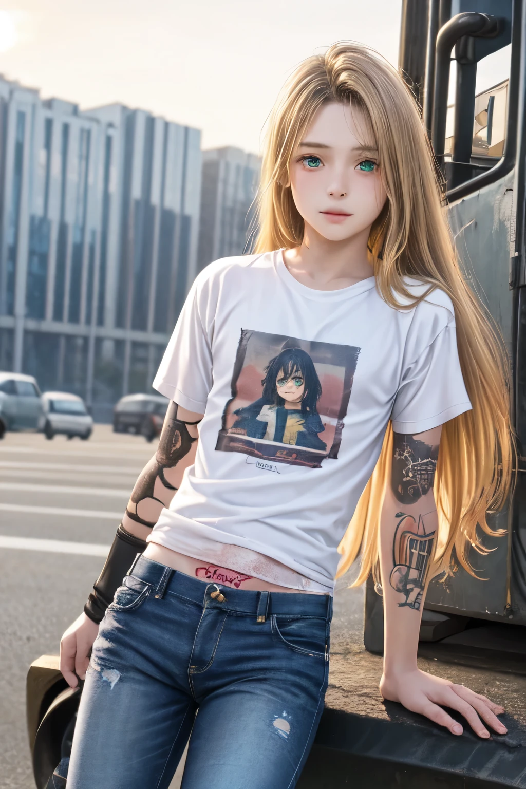 image of a 10-year-old boy, wearing a dirty torn t-shirt, torn black jeans, tattoos on his arm, long blonde hair, big hair, green eyes, thin body, senario post-apocalyptic city filled with zombies. 4k ultra realistic image