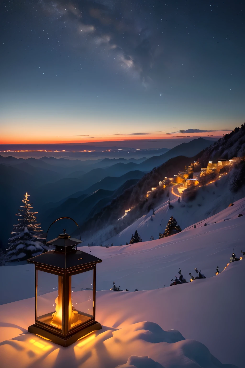 Let hyper-realism elevate your perspective of Dehradun and Mussoorie's mountain scenery at night, presenting the landscape in unmatched clarity and intricate detail. The peaks are sharply defined against the velvet backdrop of the night sky, their snow-capped summits glistening under the moon's gentle glow. The valleys are illuminated by twinkling stars and the soft luminescence of lanterns and fires, casting long, dancing shadows on the terrain below. The cool, crisp air carries the scent of pine and woodsmoke, inviting you to breathe deeply and fully immerse yourself in this enchanting scene. Take a moment to so