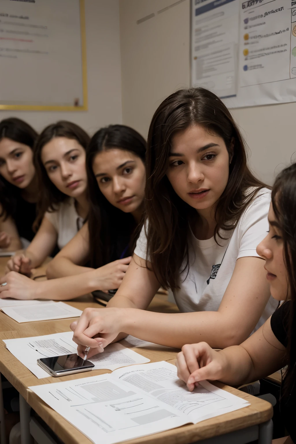 grupo de 5 personas ( 4 mujeres y 1 hombre ) explicando una clase en el futuro a alumnos del 2054 (animado)