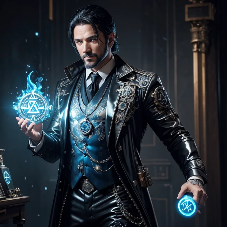 40 year old man in silver Steampunk suit with neon blue decorations printed with runes black tie black latex pants medallion with runes slim build muscular rings with gem black hair with silver lock holding a floating fire rune potion shop background