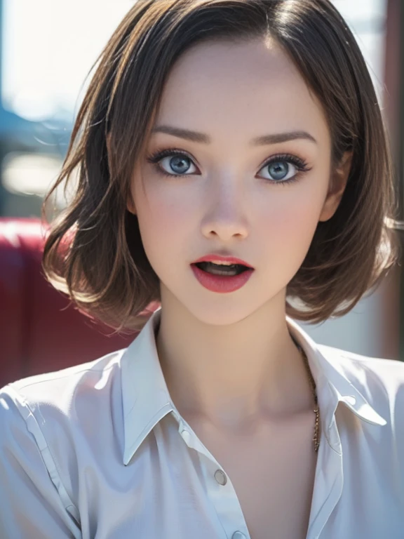 (best quality, 8k, highres, photorealistic:2.0), (solo, one girl:2.0),(photo taken using flash:1.9),(brighten the subject:1.8),(ultimate beautiful girl:2.0),(shiny skin),(oily skin),(blonde hair:1.7),(short hairstyle:1.5),(cool beauty:2.0),Blush brown makeup , dark eye makeup , use pink glossy lipstick,(big beady eyes girl:1.5),(droopy-eyes girl:1.5),(blue eyes:1.5),(thin girl:1.5),( girl),(sex appeal),(sweet smelling girl),(A girl who works part-time at an art museum:1.3),(she works for low wages:1.5),(kind-hearted woman:1.5),(she has a nice smile:1.3),(woman with a happy look:1.3),(she is very sociable),(from a very poor family:1.5),(virgin girl),(She is a secret pervert.),(she covertly lewd),(she looks so erotic),(Preserve virginity for devout Christians),chuuChloe,(A woman with very soft breasts),(woman fantasizing about sex),(allurement),(masturbation enthusiast:1.5),(impressive eyes:1.5),(clean girl),(affability),(tight dress shirt),(cute smile),(open mouth:1.5),(loll out)