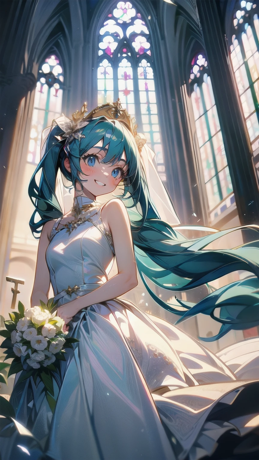 hatsune Miku, billowing wedding dress, serene smile, church
