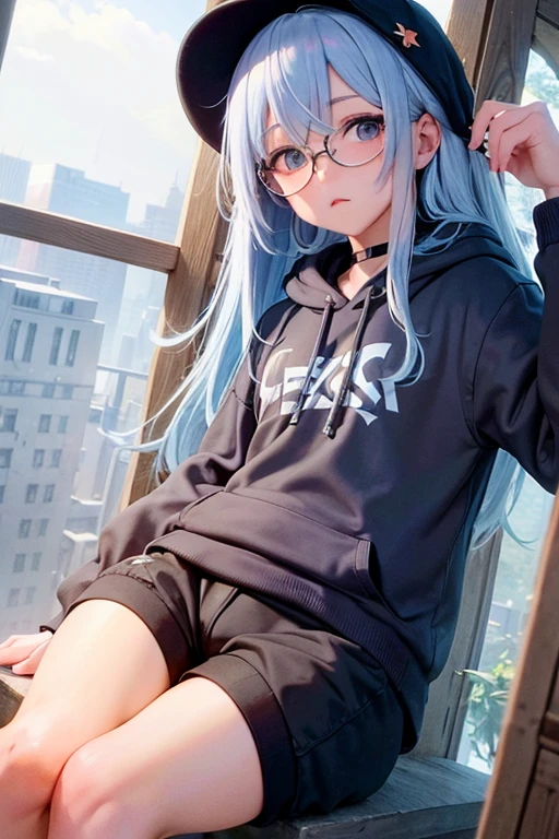 Angelic French doll, stocky, light colored hoodie, in short pants, blue hair ,messy long hair, anime, Wear glasses, asymmetrical bangs, masterpiece