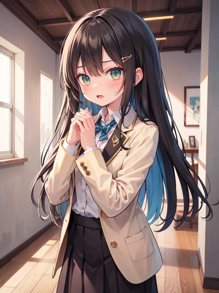 a female character drawn in an anime style. She has long, straight black hair with a subtle brown shade at the tips, parted in the middle with two hair clips on the left side. Her eyes are wide and detailed with red irises and bright yellow accents, suggesting a sense of intensity or supernatural ability. She has a fair complexion with a neutral expression, slightly open mouth, and a small blush on her cheeks. She’s wearing a dark green and white with a distinctively styled collar, white cuffs, and two rows of golden buttons on her blazer, which is unbuttoned, exposing a white shirt underneath. The sleeves of the blazer are oversized, covering her hands entirely. The background is blurred, suggesting an indoor setting with natural light, perhaps a corridor with windows on the side.