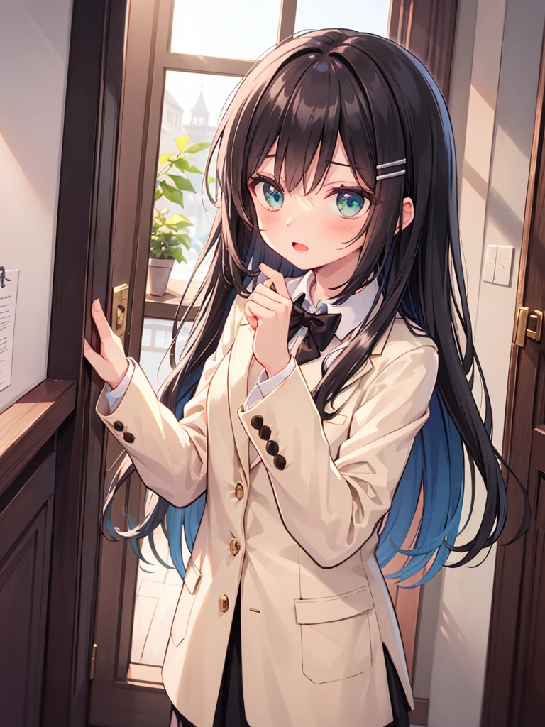 a female character drawn in an anime style. She has long, straight black hair with a subtle brown shade at the tips, parted in the middle with two hair clips on the left side. Her eyes are wide and detailed with red irises and bright yellow accents, suggesting a sense of intensity or supernatural ability. She has a fair complexion with a neutral expression, slightly open mouth, and a small blush on her cheeks. She’s wearing a dark green and white with a distinctively styled collar, white cuffs, and two rows of golden buttons on her blazer, which is unbuttoned, exposing a white shirt underneath. The sleeves of the blazer are oversized, covering her hands entirely. The background is blurred, suggesting an indoor setting with natural light, perhaps a corridor with windows on the side.