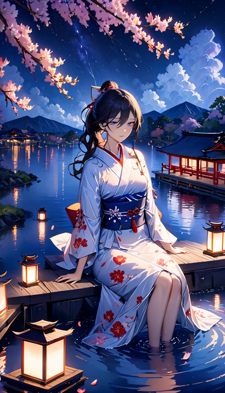 beautiful woman,Full body soaked in water,8head and body,Japanese clothing,night,月night,Clouds purple and blue,Fine starry sky,wet skin,sexy,Sadness,glossy,Sit on the water,water splash on background,water dripping,The kimono is transparent,Eye color is indigo,take your eyes off,firefly light,A lantern floating on the water,Lights scattered in the background,Japan shrine in the background,night桜,Cherry blossom petals on the water surface