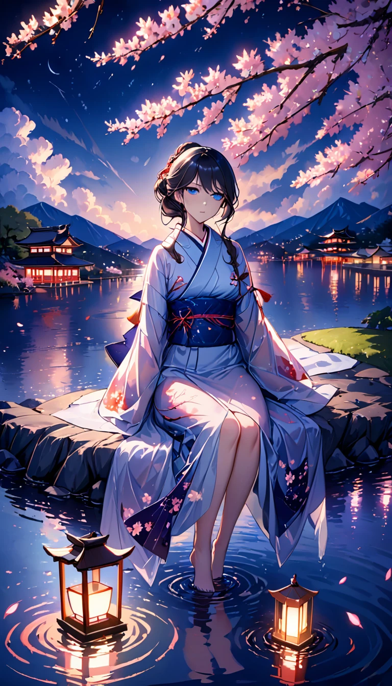 beautiful woman，Full body soaked in water，８head and body，Japanese clothing，night，月night，Clouds purple and blue，Fine starry sky，wet skin，sexy，Sadness，glossy，Sit on the water，water splash on background，water dripping，The kimono is transparent，Eye color is indigo，take your eyes off，firefly light，A lantern floating on the water，Lights scattered in the background，Japan shrine in the background，night桜，Cherry blossom petals on the water surface