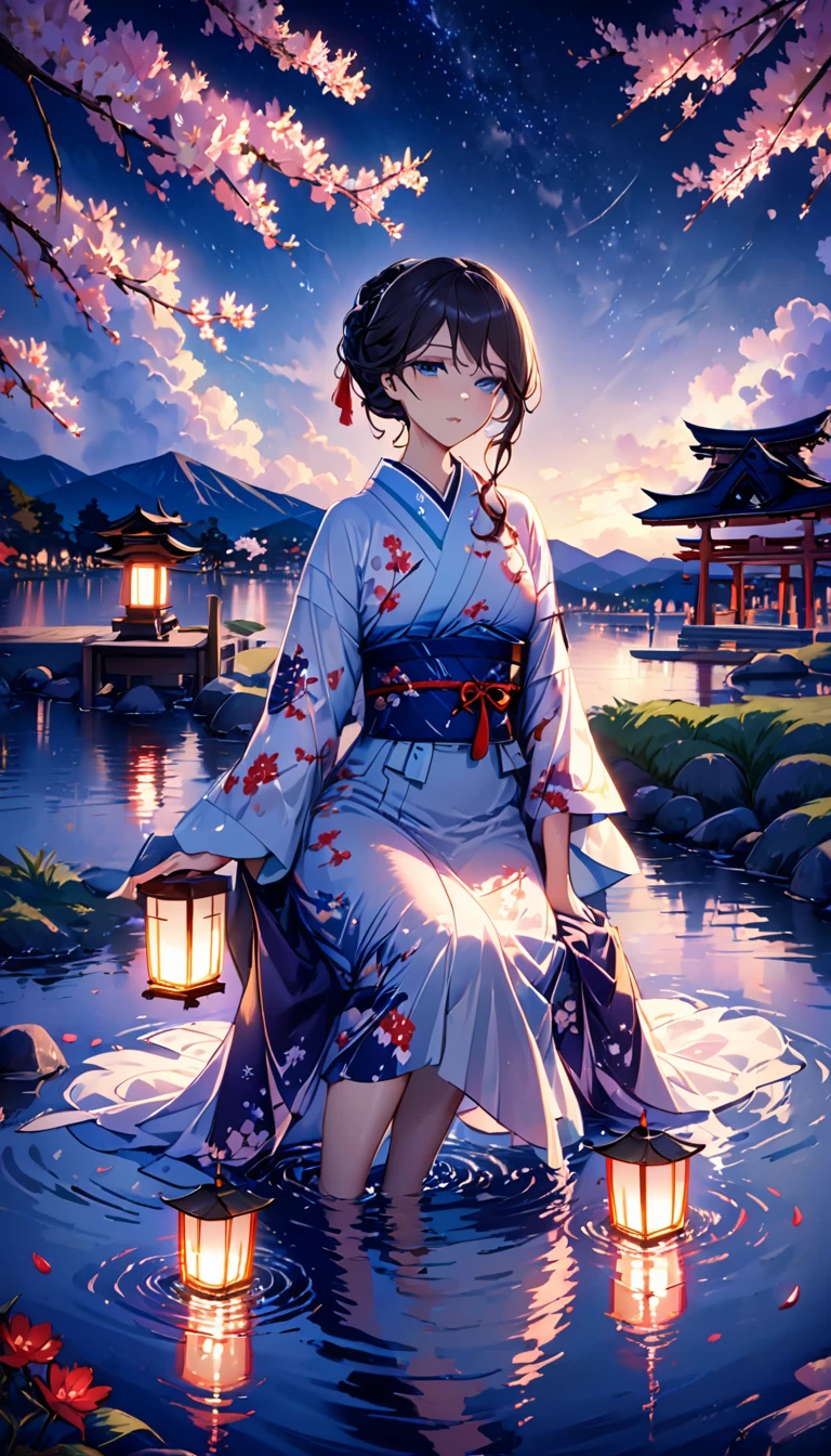beautiful woman,Full body soaked in water,8head and body,Japanese clothing,night,月night,Clouds purple and blue,Fine starry sky,wet skin,sexy,Sadness,glossy,Sit on the water,water splash on background,water dripping,The kimono is transparent,Eye color is indigo,take your eyes off,firefly light,A lantern floating on the water,Lights scattered in the background,Japan shrine in the background,night桜,Cherry blossom petals on the water surface