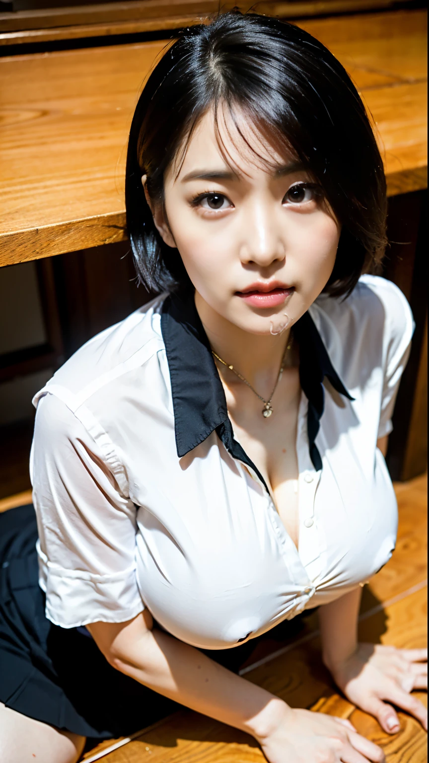 (highest quality, 8K, 32k, masterpiece, UHD:1.2),beautiful japanese women pictures, 18 ~ Random age between 35 years old,cleavage、medium meat、sexy thighs、,(black,short hair:1.2),teacher,In front of the bookshelf in the library,(open white shirt:1.3),(black suit skirt:1.1),off shoulder,high heels,(From above:1.1),looking at the viewer,floor to sit on,wooden floor,(Big face and big breasts:1.4),(drooling:1.5),blush,(close:1.2),detailed face,evening、From above撮影
