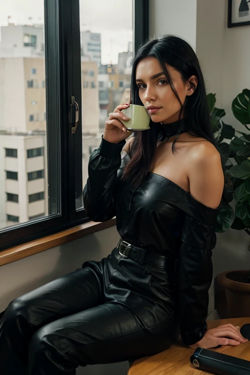 A detective aat home drinking coffee by the window wearing a leather black trouser with long black boots.Green eyes with black hair.wearing a long sleeve offshoulder