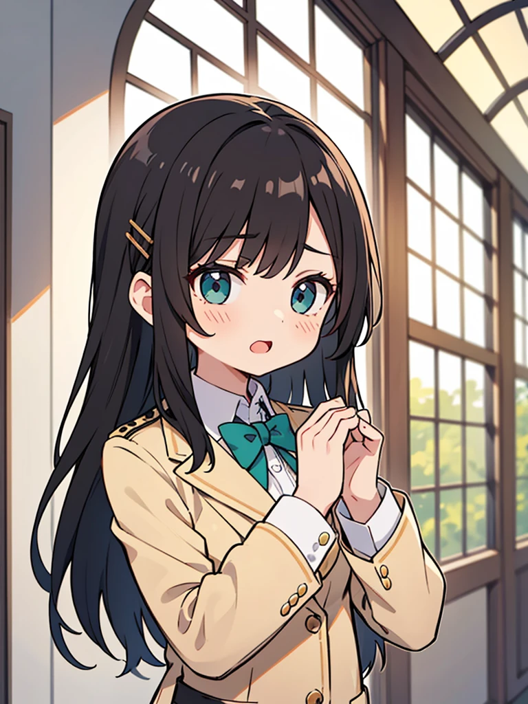 a female character drawn in an anime style. She has long, straight black hair with a subtle brown shade at the tips, parted in the middle with two hair clips on the left side. Her eyes are wide and detailed with red irises and bright yellow accents, suggesting a sense of intensity or supernatural ability. She has a fair complexion with a neutral expression, slightly open mouth, and a small blush on her cheeks. She’s wearing a dark green and white  with a distinctively styled collar, white cuffs, and two rows of golden buttons on her blazer, which is unbuttoned, exposing a white shirt underneath. The sleeves of the blazer are oversized, covering her hands entirely. The background is blurred, suggesting an indoor setting with natural light, perhaps a corridor with windows on the side.