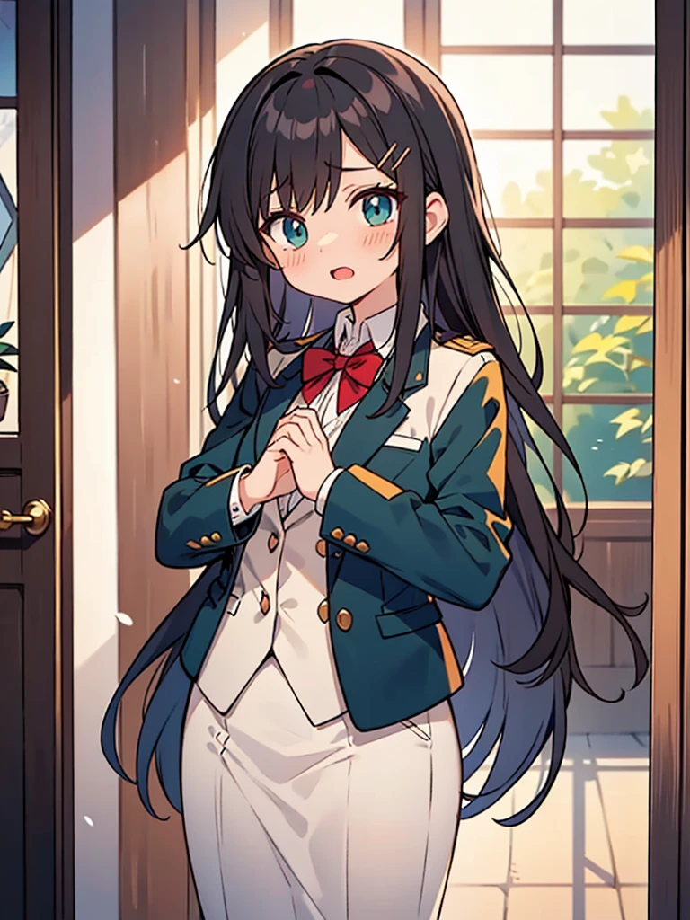 a female character drawn in an anime style. She has long, straight black hair with a subtle brown shade at the tips, parted in the middle with two hair clips on the left side. Her eyes are wide and detailed with red irises and bright yellow accents, suggesting a sense of intensity or supernatural ability. She has a fair complexion with a neutral expression, slightly open mouth, and a small blush on her cheeks. She’s wearing a dark green and white with a distinctively styled collar, white cuffs, and two rows of golden buttons on her blazer, which is unbuttoned, exposing a white shirt underneath. The sleeves of the blazer are oversized, covering her hands entirely. The background is blurred, suggesting an indoor setting with natural light, perhaps a corridor with windows on the side.