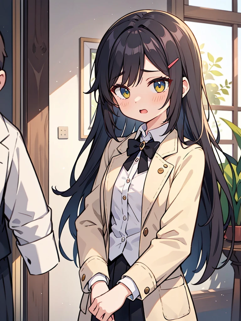 a female character drawn in an anime style. She has long, straight black hair with a subtle brown shade at the tips, parted in the middle with two hair clips on the left side. Her eyes are wide and detailed with red irises and bright yellow accents, suggesting a sense of intensity or supernatural ability. She has a fair complexion with a neutral expression, slightly open mouth, and a small blush on her cheeks. She’s wearing a dark green and white with a distinctively styled collar, white cuffs, and two rows of golden buttons on her blazer, which is unbuttoned, exposing a white shirt underneath. The sleeves of the blazer are oversized, covering her hands entirely. The background is blurred, suggesting an indoor setting with natural light, perhaps a corridor with windows on the side.
