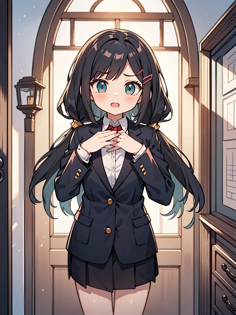 a female character drawn in an anime style. She has long, straight black hair with a subtle brown shade at the tips, parted in the middle with two hair clips on the left side. Her eyes are wide and detailed with red irises and bright yellow accents, suggesting a sense of intensity or supernatural ability. She has a fair complexion with a neutral expression, slightly open mouth, and a small blush on her cheeks. She’s wearing a dark green and white  with a distinctively styled collar, white cuffs, and two rows of golden buttons on her blazer, which is unbuttoned, exposing a white shirt underneath. The sleeves of the blazer are oversized, covering her hands entirely. The background is blurred, suggesting an indoor setting with natural light, perhaps a corridor with windows on the side.