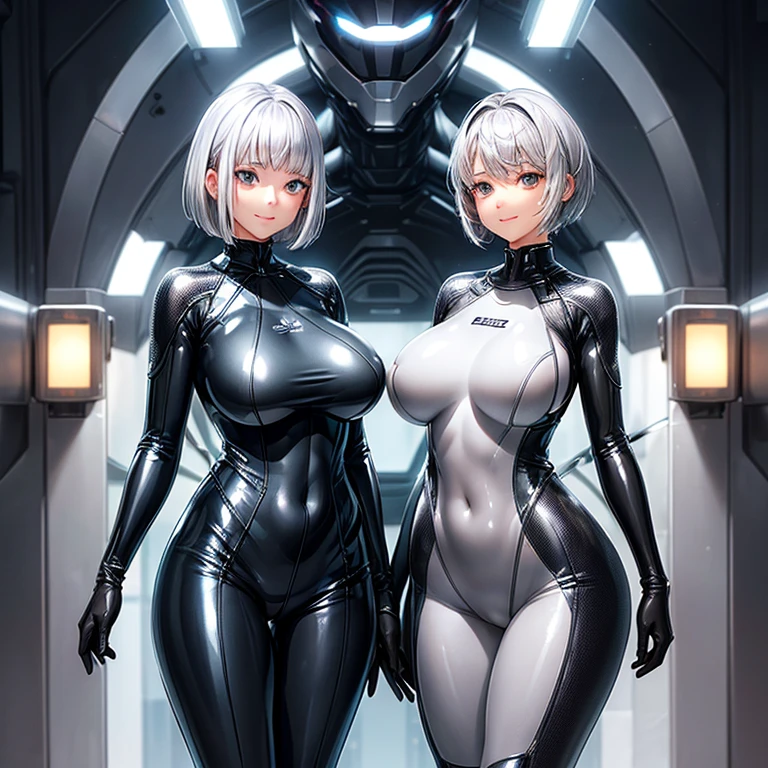 (silver hair、girl、short hair、big breasts、big breasts、smile)(transparent fabric、shiny material、A sci-fi wetsuit-like suit、A variety of transparent materials that allow skin to be seen、light clothing)NSFW