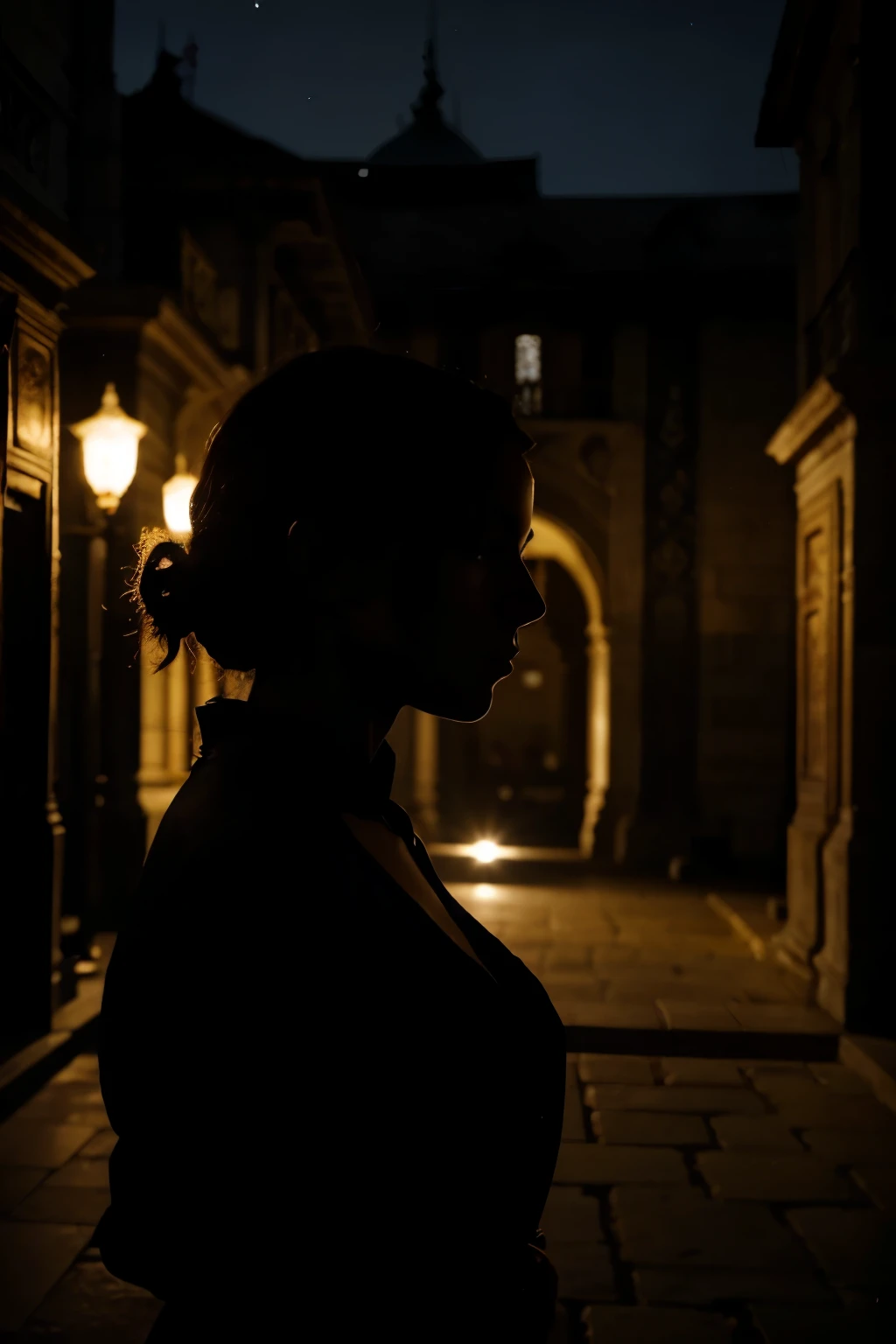 une silhouette de femme très ressemblante et connu à Edite Piaf la nuit dans la pénombre d'un palais oriental en arrière plan une bibliothèque au lieu de la porte
