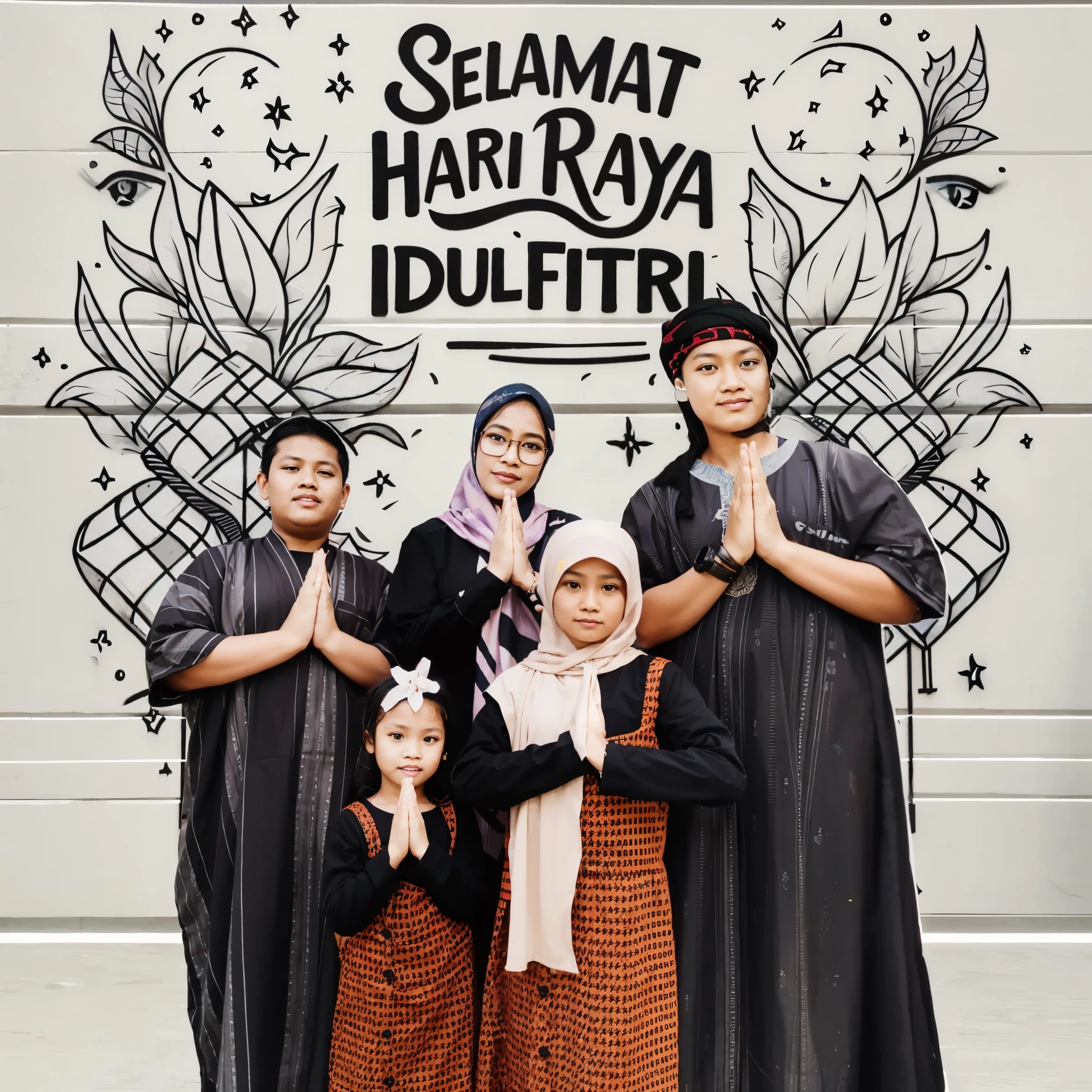 there are three people standing in front of a mural of a woman and two children, inspired by Mym Tuma, full protrait, an indonesian family portrait, hurufiyya, official poster, happy family, inspired by Sasha Putrya, barong family, inspired by Naza, illustartion, protrait, official store photo