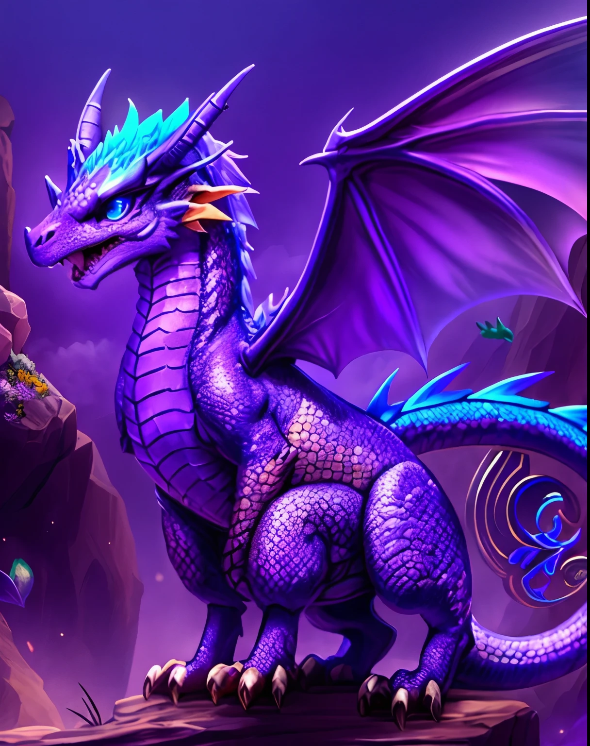 purple dragon with horns and wings standing on a rock, very cute purple dragon, a cute little blue dragon, dra the dragon, cute little dragon, soft delicate draconic features, as an anthropomorphic dragon, spyro, spyro the dragon, but as an anthropomorphic dragon, blue scaled dragon, blue dragon, epic dragon