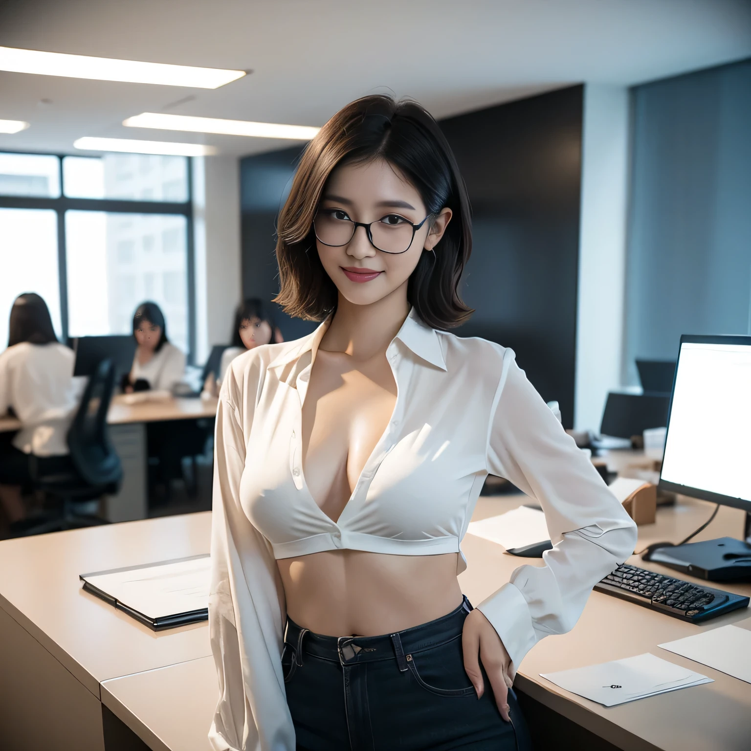 beautiful girl, 1girl, solo, korean Female Model, dynamic poses, ((smile)), ((office shirt)), ((wearing lanyard)), name tag, glasses, short messy hair,black eyes, (((plumpy body))), sfw, (medium breast:1.3), cleavage, Morning sunshine,Eyes on the audience, ((dynamicposes)),((dynamicbackground)), ((face details)),Double eyelids, reeds, realistic, masterpiece, highest quality, lens flare, shade, ((corporate office background)), [[chromatic aberration]], by Jeremy Lipking, by Antonio J. Manzanedo, digital painting, HDR, high contrast
