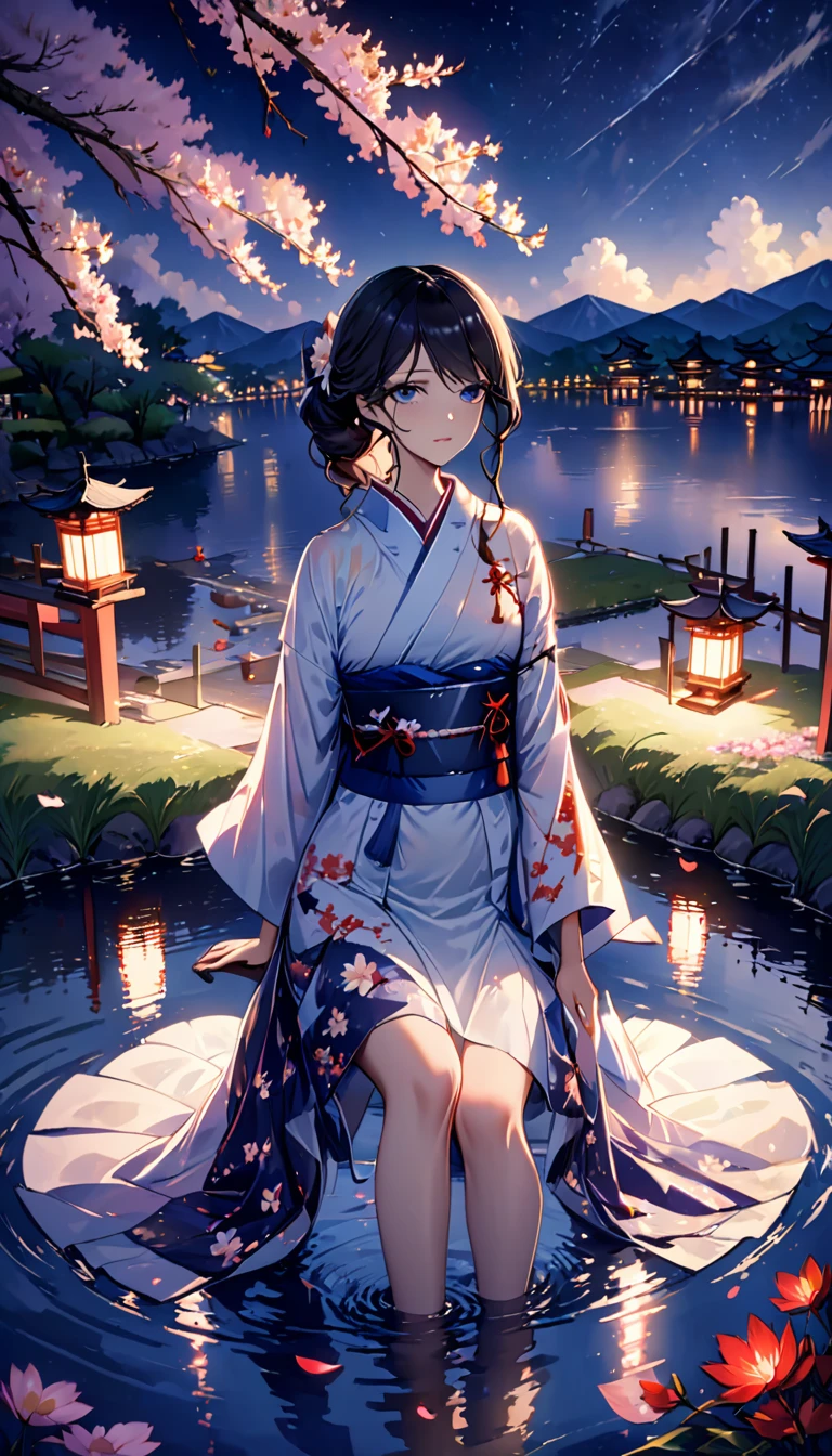 beautiful woman,Full body soaked in water,8head and body,Japanese clothing,night,月night,Clouds purple and blue,Fine starry sky,wet skin,sexy,Sadness,glossy,Sit on the water,water splash on background,water dripping,The kimono is transparent,Eye color is indigo,take your eyes off,Detailed facial expressions,firefly light,A lantern floating on the water,Lights scattered in the background,Japan shrine in the background,night桜,Cherry blossom petals on the water surface,White lotus flower on the water surface