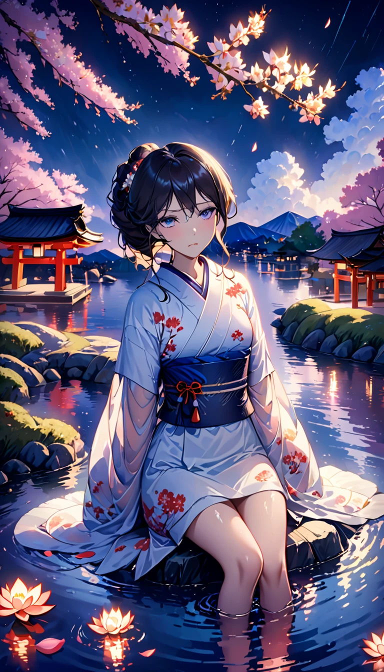 beautiful woman，Full body soaked in water，８head and body，Japanese clothing，night，月night，Clouds purple and blue，Fine starry sky，wet skin，sexy，Sadness，glossy，Sit on the water，water splash on background，water dripping，The kimono is transparent，Eye color is indigo，take your eyes off，Detailed facial expressions，firefly light，A lantern floating on the water，Lights scattered in the background，Japan shrine in the background，night桜，Cherry blossom petals on the water surface，White lotus flower on the water surface