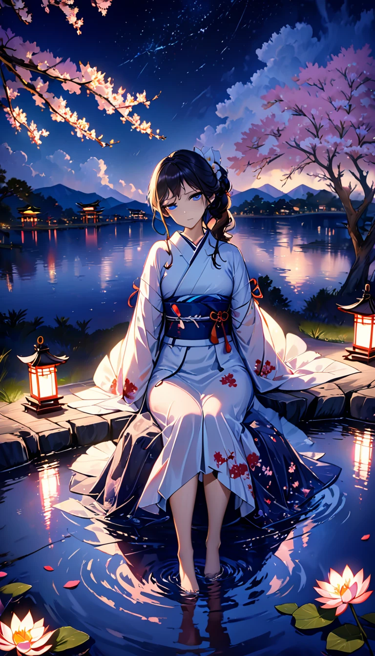 beautiful woman,Full body soaked in water,8head and body,Japanese clothing,night,月night,Clouds purple and blue,Fine starry sky,wet skin,sexy,Sadness,glossy,Sit on the water,water splash on background,water dripping,The kimono is transparent,Eye color is indigo,take your eyes off,Detailed facial expressions,firefly light,A lantern floating on the water,Lights scattered in the background,Japan shrine in the background,night桜,Cherry blossom petals on the water surface,White lotus flower on the water surface