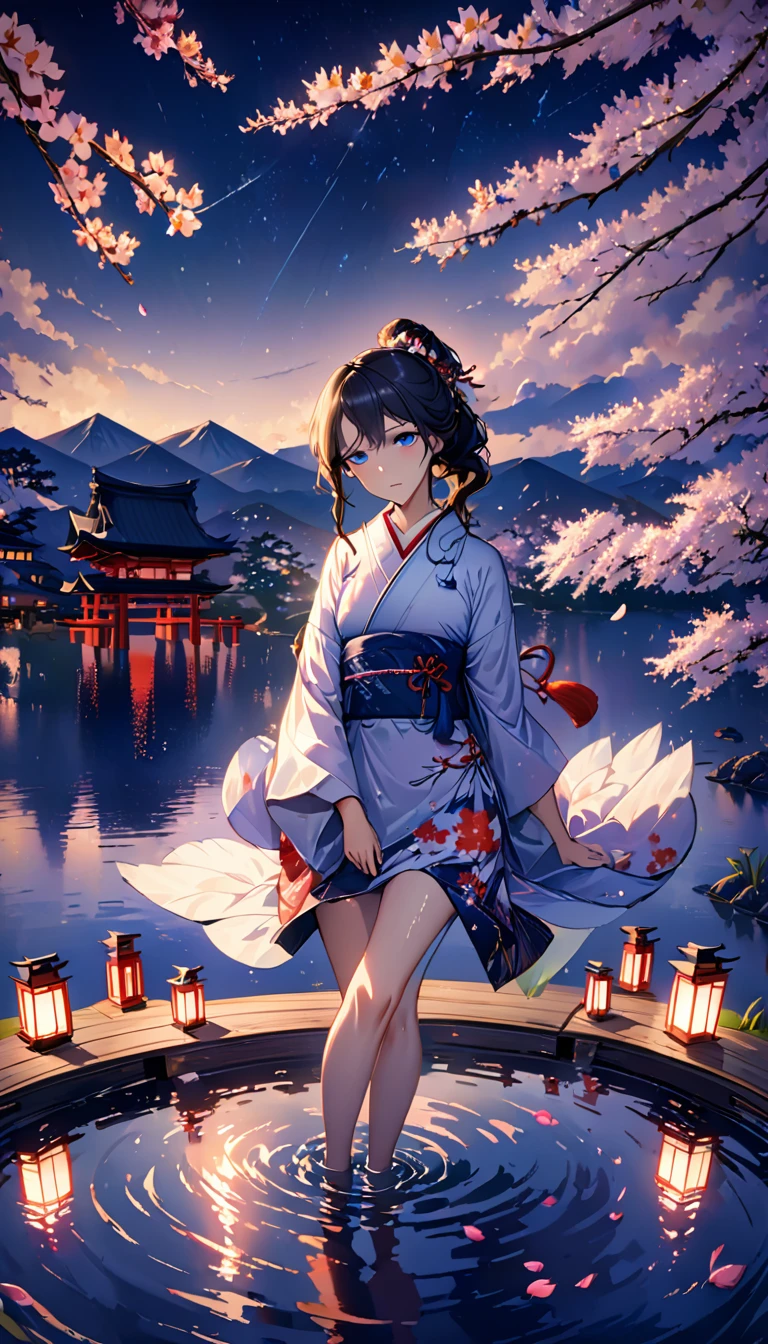 beautiful woman，Full body soaked in water，８head and body，Japanese clothing，night，月night，Clouds purple and blue，Fine starry sky，wet skin，sexy，Sadness，glossy，Sit on the water，water splash on background，water dripping，The kimono is transparent，Eye color is indigo，take your eyes off，Detailed facial expressions，firefly light，A lantern floating on the water，Lights scattered in the background，Japan shrine in the background，night桜，Cherry blossom petals on the water surface，White lotus flower on the water surface