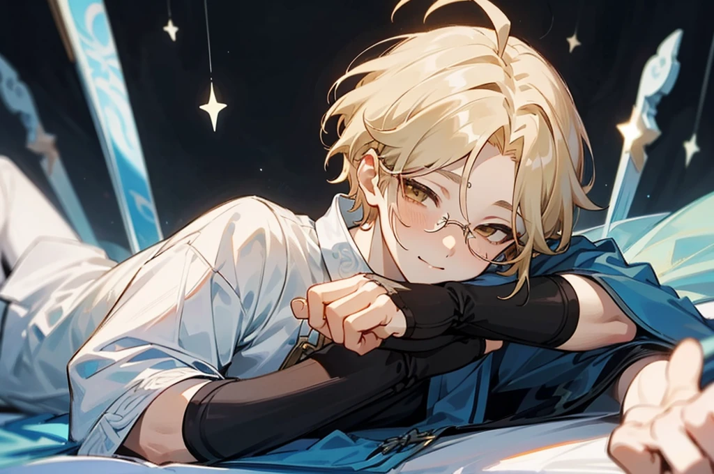(masterpiece, hd, Ultra hd, 4k), Yanqing, Star Dome Railway, bright blonde hair, 1 boy, fairy style, Anime-style illustration of a man in a shirt sleeping in bed, anime handsome man, Anime portrait of a handsome man, handsome anime pose, anime youth, male anime style, with glasses on, delicate and androgynous prince, beautiful androgynous prince