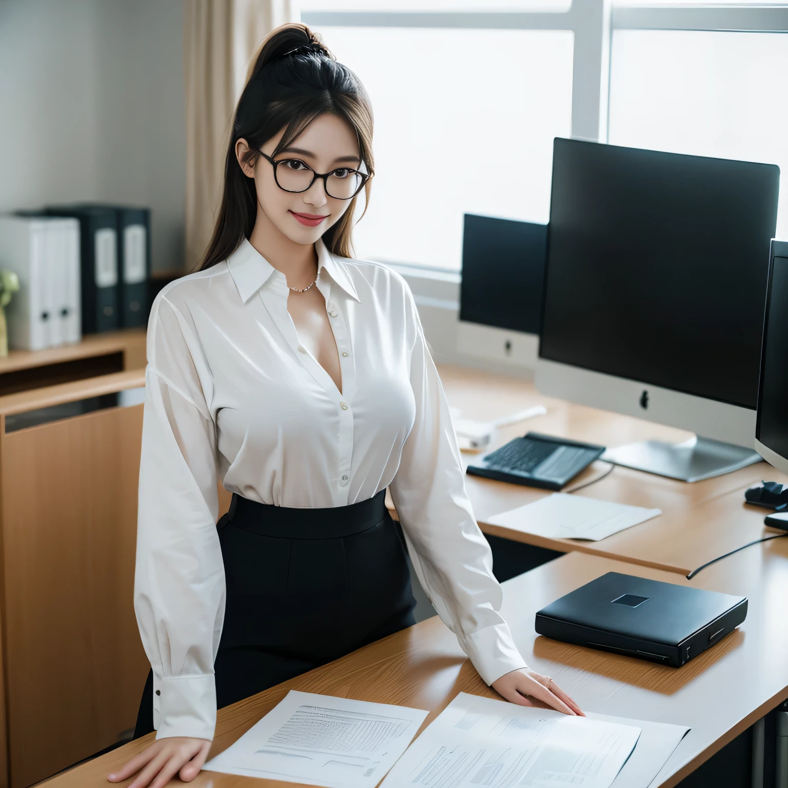 beautiful girl, 1girl, solo, korean Female Model, dynamic poses, ((smile)), ((office shirt)), ((wearing lanyard)), name tag, glasses, long messy hair,black eyes, (((plumpy body))), sfw, (medium breast:1.3), cleavage, Morning sunshine,Eyes on the audience, ((dynamicposes)),((dynamicbackground)), ((face details)),Double eyelids, reeds, realistic, masterpiece, highest quality, lens flare, shade, ((corporate office background)), [[chromatic aberration]], by Jeremy Lipking, by Antonio J. Manzanedo, digital painting, HDR, high contrast
