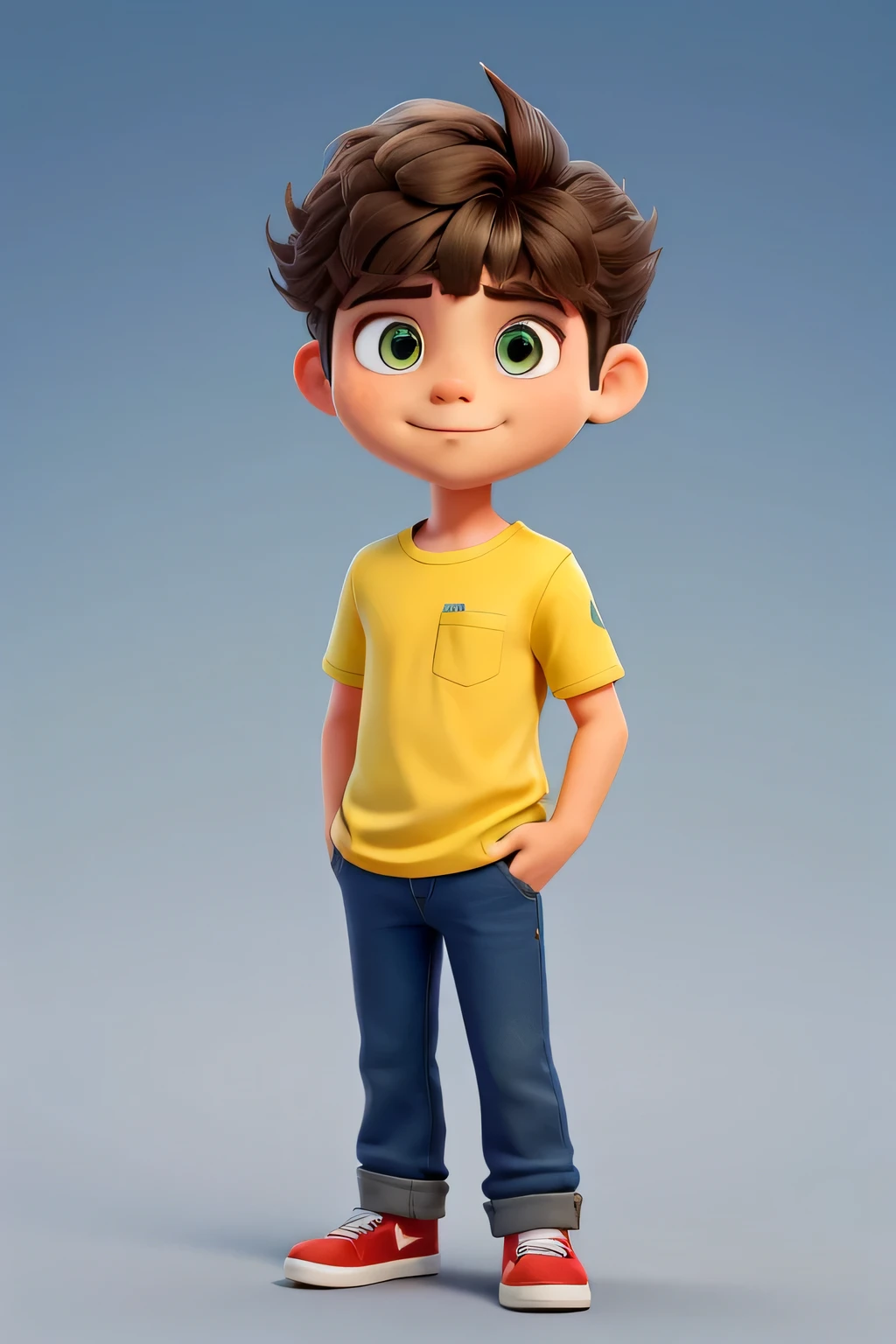 Gerar imagem pixer um menino meigo com lindos cabelos escuro, fundo totalmente branco, and with a yellow shirt and blue pants.
