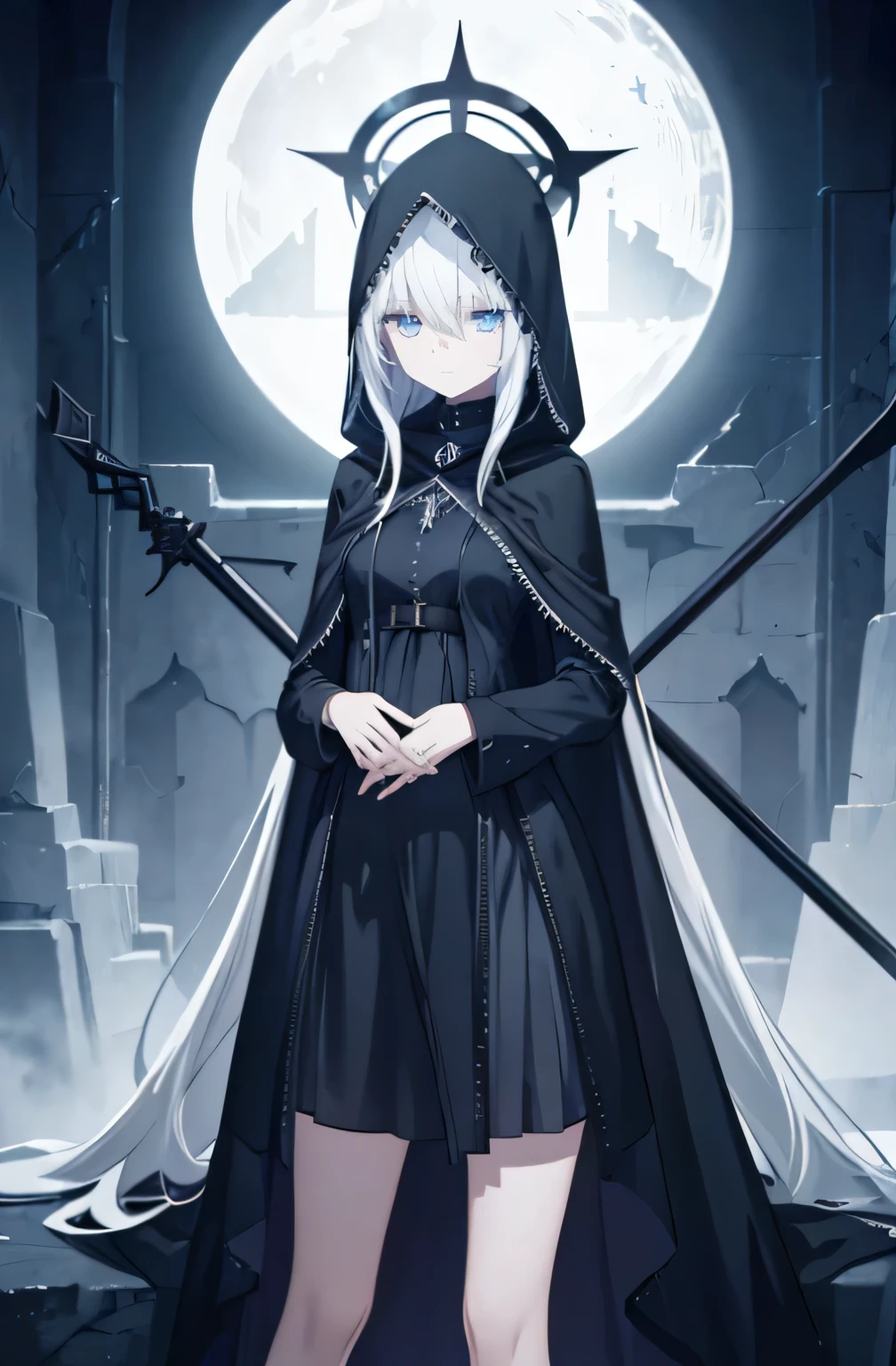 Poker face,Calm eyes,inorganic skin,Bloodless skin,stand,white long straight hair,Hair has turned white,white hair,eyes are blue,eyes shining,Highlights in eyeemale hands,novice,female face,Normal fingers,human finger,There a gray halo on the head,The shape of the halo has elements of death,black death scythe,The Death Scythe as clear as black crystal,Wearing a black death cloak covering the whole body,Wearing a black death hood covering his head,There are black marks on the face,tomorrow ark,tomorrow ark style,solo,masterpiece,Extremely exquisite and beautiful two-dimensional exquisite painting style,Extremely delicate and delicate,8K high quality,CG wallpaper,HD,Bad milk,Small breasts,Small breasts,solo,There are black marks on the face,Body decorated with elements of death, pregnant