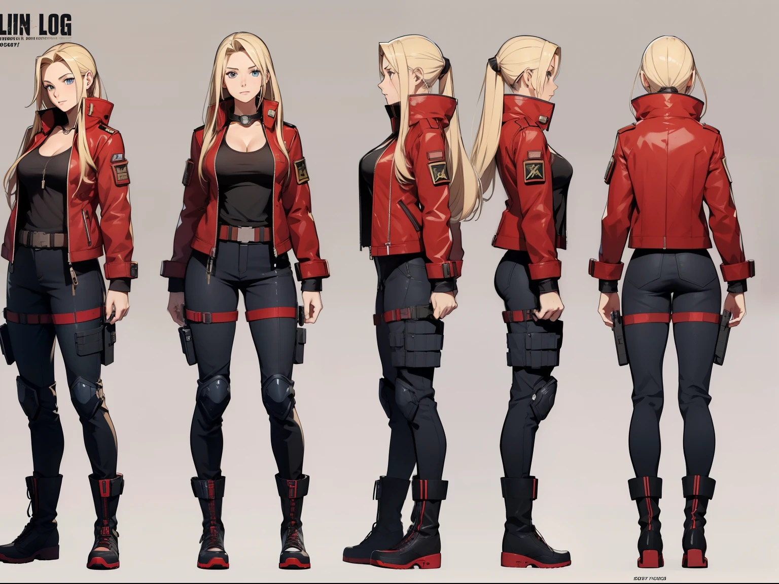 A woman, 20 years old, long blonde hair, tall boots, futuristic red jacket, tank top, cleavage, military pants, tech equipment, Jill valentine, dog tag, various angles, (front, back, side), character sheet, model sheet, reference sheet.