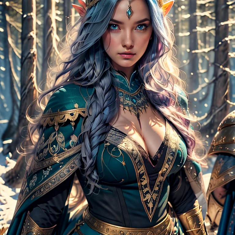 Wearing an ice crown、Woman wearing navy blue winter cloak with gold details and cleavage, snowflake brooch. long blue hair, long blue hair. Winter queen, elf princess, portrait of uma elf queen, elf queen, winter princess, uma elf queen, type germ em artstation pixiv, whole body. standing in the snow，In front of you is a huge ice castle. rpg character. medieval era. elf woman. Red-haired elves. blue eyes. Forest Elves. Forest Elves Warrior. Elf Archer. Medieval archers. archery. Organic Amadurlah. Moss green armor. soft lighting. Standing in the middle of the forest. Dense forest. bioluminescent mushrooms. fantastic environment. sunlight. sunshine. Warm highlights. Blue and yellow-green color palette. Role playing game character design. IG Model | type germ, :: Ross Drawing, The artwork is not guweiz&#39;s style, extremamly detailed type germ. whole body, Castle detailed background, Super detailed, Detailed face, Sincere POV photos, Park Lee Jeffries, Nikon D850, movie stock photography ,4 ending portra 400, F1 camera lens.6, colorful, Surreal, Realistic texture, dramatic lighting, film alembic 800 (8K, original photo, better quality, masterpiece: 1.2), Super detailed, (highly refined skin: 1.2), 8K UHD, DSLR camera, soft lighting, high quality.