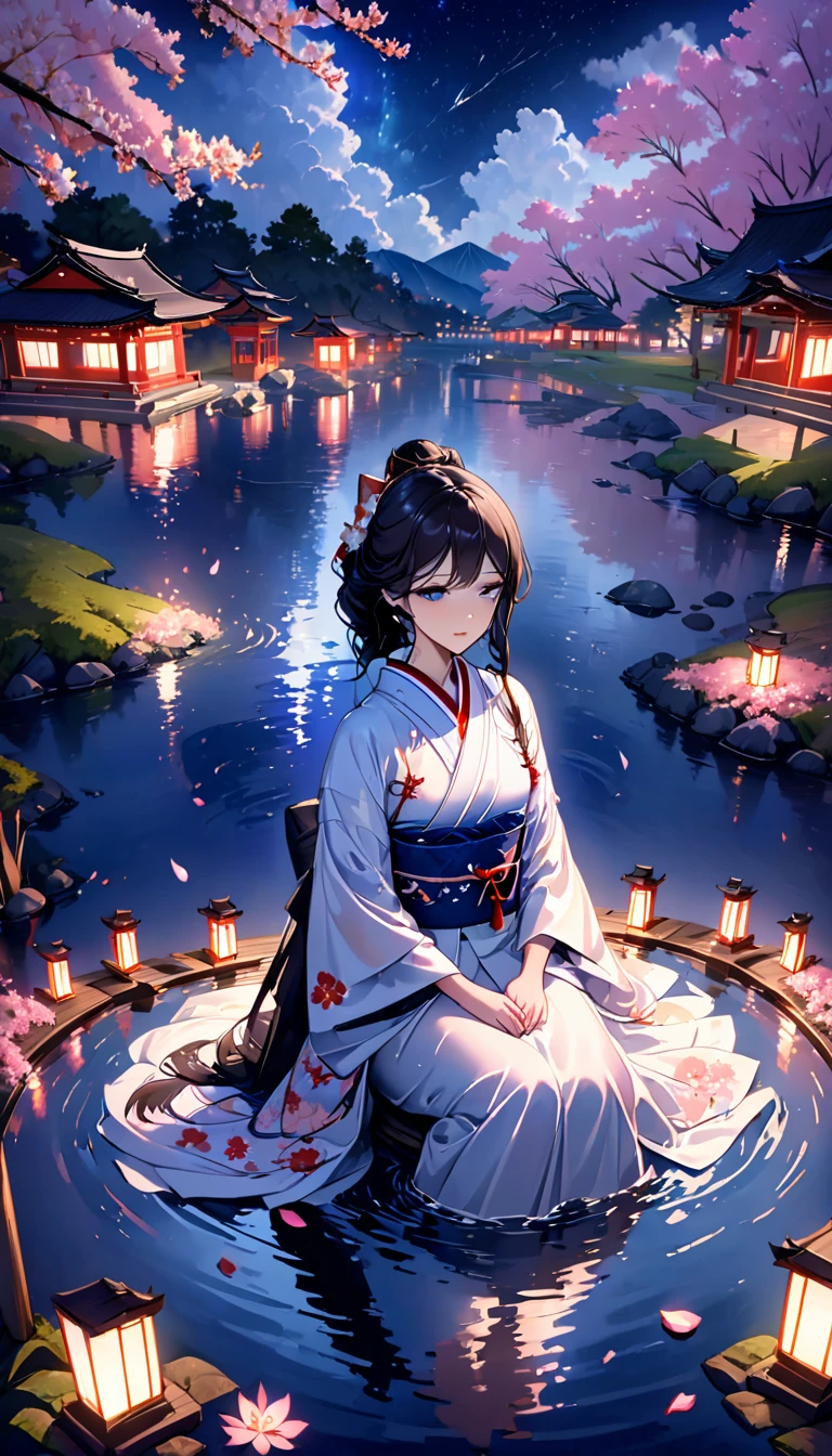 beautiful woman,Full body soaked in water,8head and body,Japanese clothing,night,月night,Clouds purple and blue,Fine starry sky,wet skin,sexy,Sadness,glossy,Mature sex appeal,Sit on the water,water splash on background,water dripping,The kimono is transparent,Eye color is indigo,take your eyes off,Detailed facial expressions,firefly light,A lantern floating on the water,Lights scattered in the background,Japan shrine in the background,night桜,Cherry blossom petals on the water surface,White lotus flower on the water surface