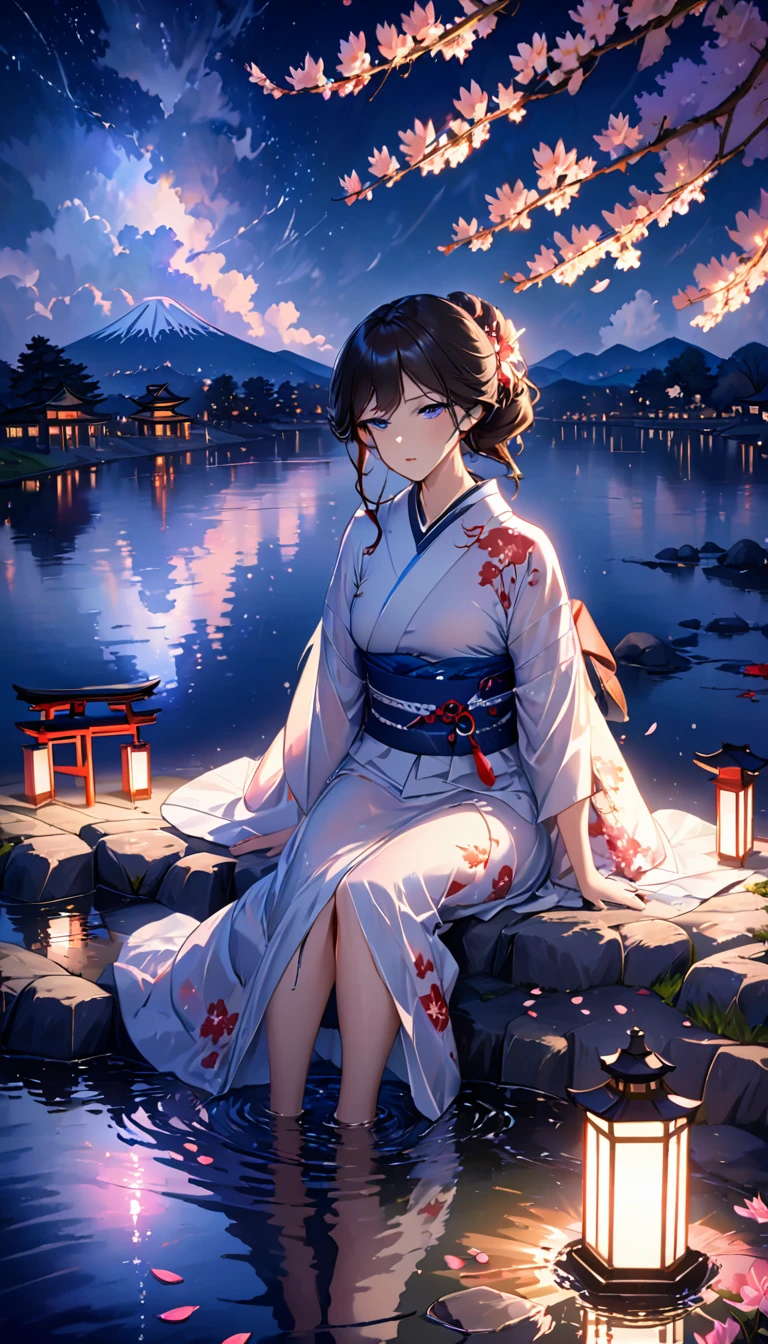 beautiful woman,Full body soaked in water,8head and body,Japanese clothing,night,月night,Clouds purple and blue,Fine starry sky,wet skin,sexy,Sadness,glossy,Mature sex appeal,Sit on the water,water splash on background,water dripping,The kimono is transparent,Eye color is indigo,take your eyes off,Detailed facial expressions,firefly light,A lantern floating on the water,Lights scattered in the background,Japan shrine in the background,night桜,Cherry blossom petals on the water surface,White lotus flower on the water surface