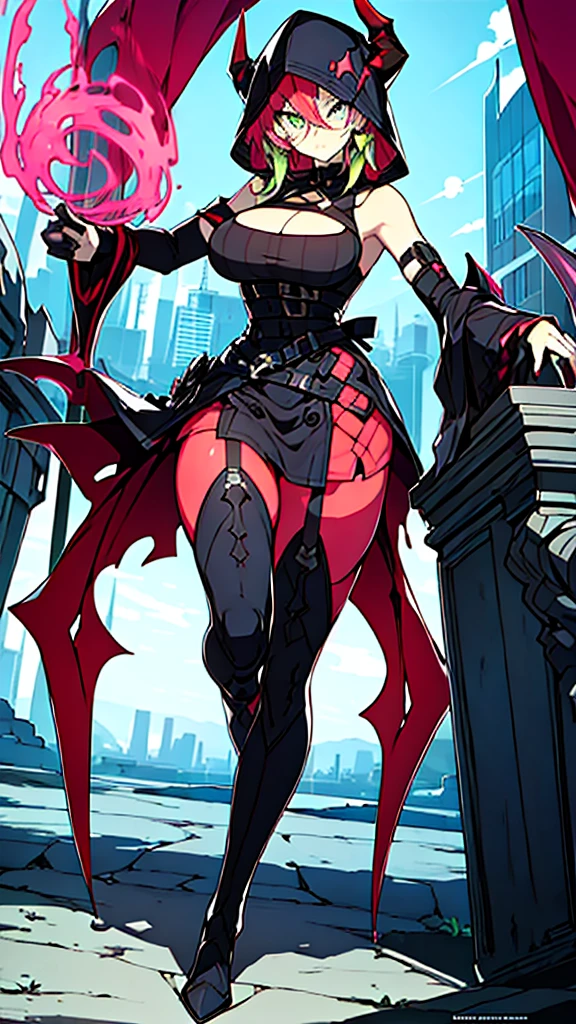 <lora:Niko Tama 1.5:0.8>, absurdres, ultra detailed, masterpiece, best quality, aesthetic, detailed,, solo, seductive smile, red lips,
1girl, purple eyes, red hair, blunt bangs, large breasts, <lora:hair_rings:1> low hair rings, <lora:EllaNyan:1>,, taut clothes, choker, bandeau, elbow gloves, taut shorts, lowleg shorts, navel, groin tendon, belt, patterned legwear, pantyhose, (pantyhose under shorts:1.2), high heel boots,