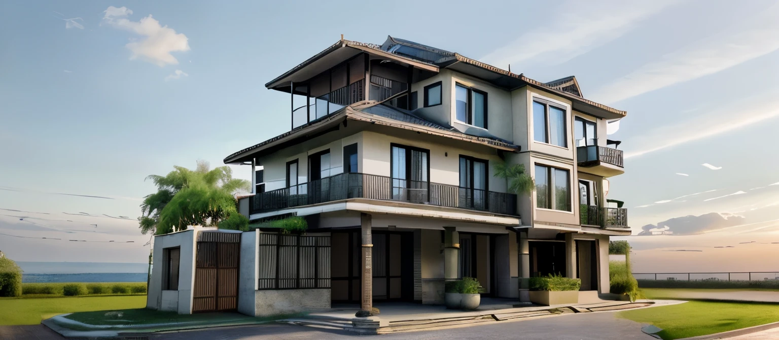Raw photo,Masterpiece, high quality, best quality, authentic, super detail,
exterior, outdoors, house style indochine on the street ,aiaigroup
road,pavement, grass, trees, sky, cloud, (day:1.1)