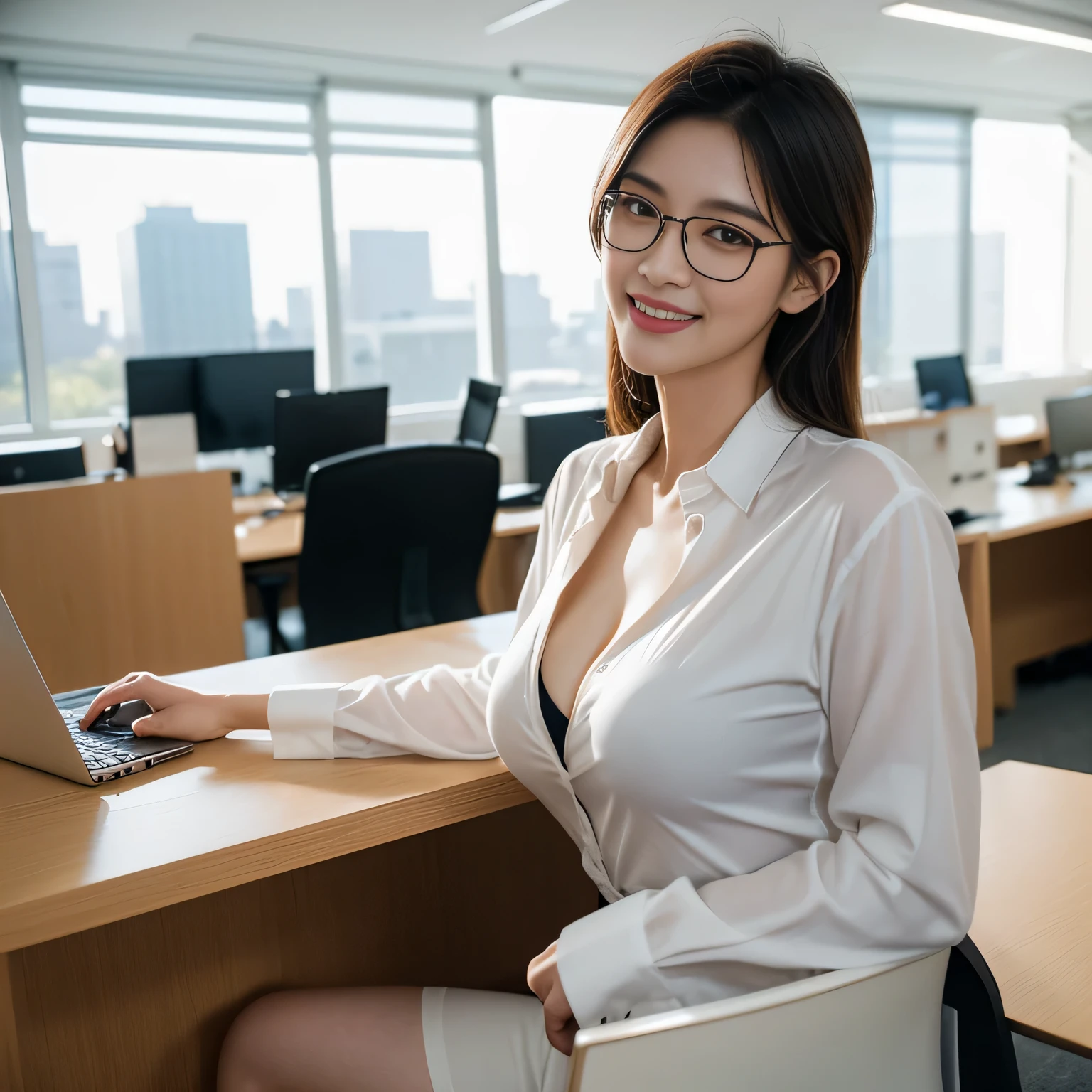 beautiful girl, 1girl, solo, korean Female Model, dynamic poses, ((smile)), ((office shirt)), ((wearing lanyard)), name tag, glasses, long messy hair,black eyes, (((plumpy body))), sfw, (medium breast:1.3), cleavage, Morning sunshine,Eyes on the audience, ((dynamicposes)),((dynamicbackground)), ((face details)),Double eyelids, reeds, realistic, masterpiece, highest quality, lens flare, shade, ((corporate office background)), [[chromatic aberration]], by Jeremy Lipking, by Antonio J. Manzanedo, digital painting, HDR, high contrast
