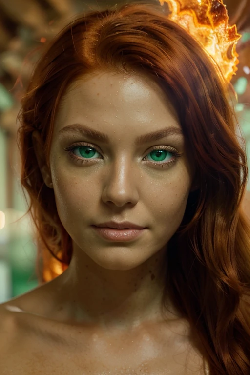 ((close up portrait)) With her ((bright fiery red hair cascading like molten silk)), slender fit, athletic build . lightly tanned skin. (((bright green eyes))), ultra real, cinematic, high detail