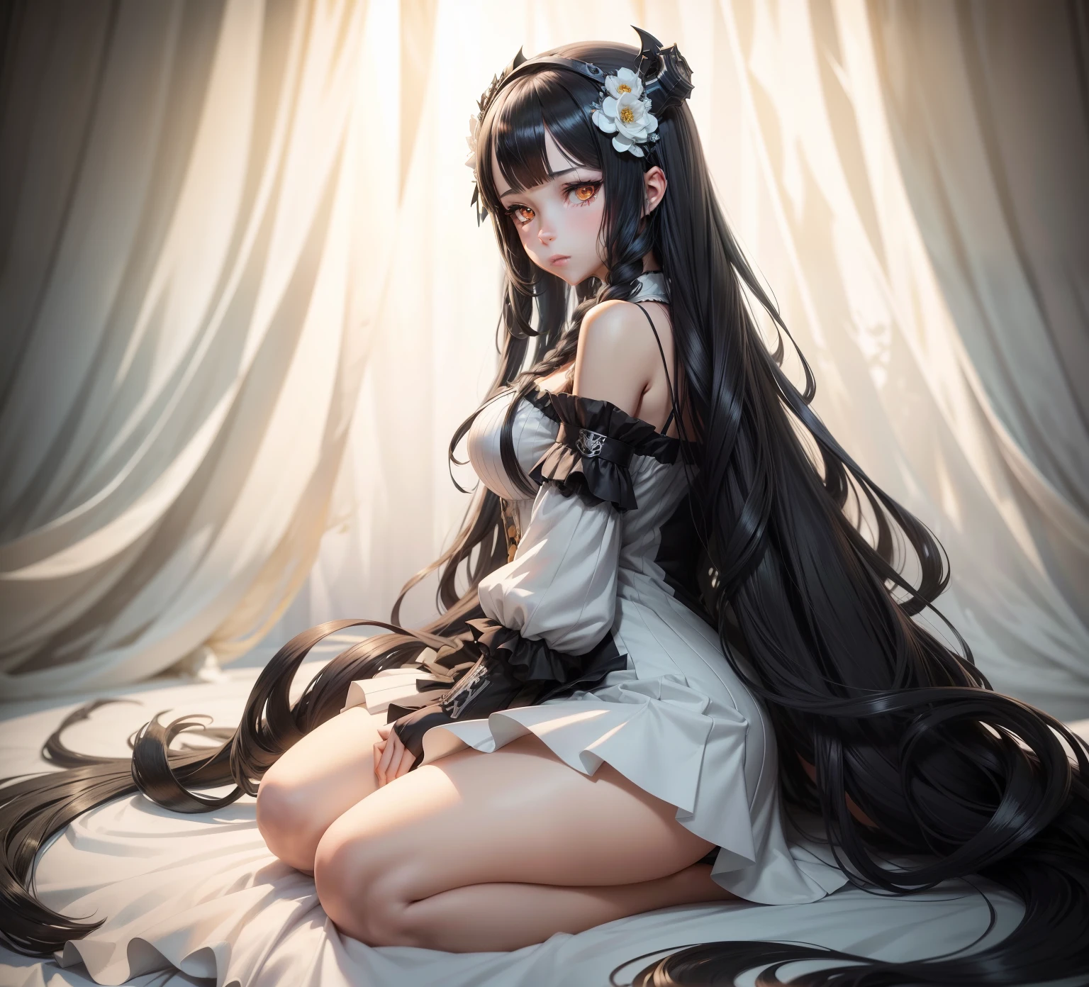 anime girl with long hair and a white dress sitting on a black and grey striped background, fine details. anime. nsfw. tentacles, anime demoness, from girls frontline, cushart krenz key art feminine, android heroine, fine details. girls frontline, anime monster girl, hq artwork, lamia, lolish, girls frontline cg, official anime artwork