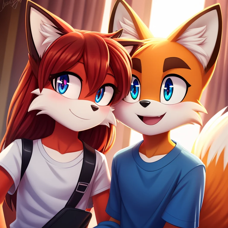 Male fox red fur student teenager with a female fox student teenager in love together detailed eyes super detailed eyes masterpiece 8k