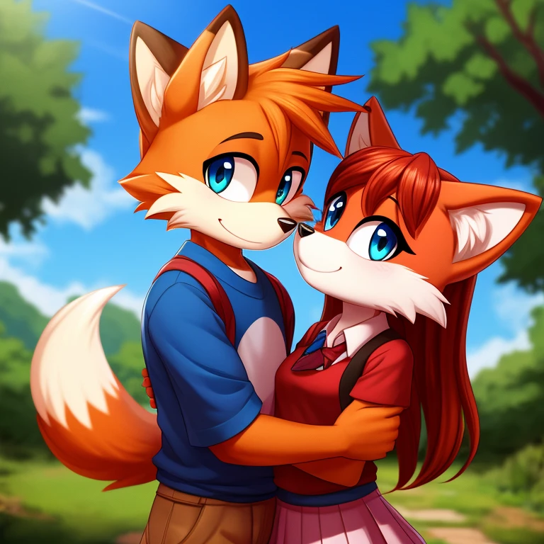 Male fox red fur student teenager with a female fox student teenager in love together detailed eyes super detailed eyes masterpiece 8k