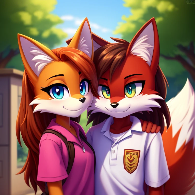 Male fox red fur student ager with a female fox student teen in love together detailed eyes super detailed eyes masterpiece 8k