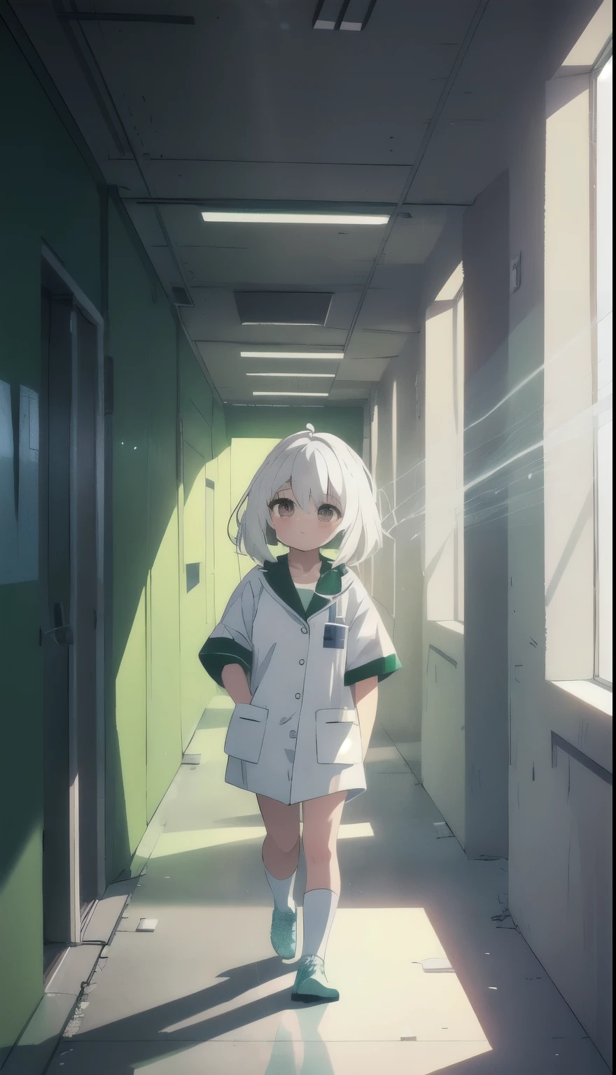 ****con with white hair, (green strands of hair), wearing a patient outfit.
In a dark corridor made of concrete with god rays coming from windows on the right.
(Masterpiece, best quality),awesome quality,best detail,8k,cinematic.