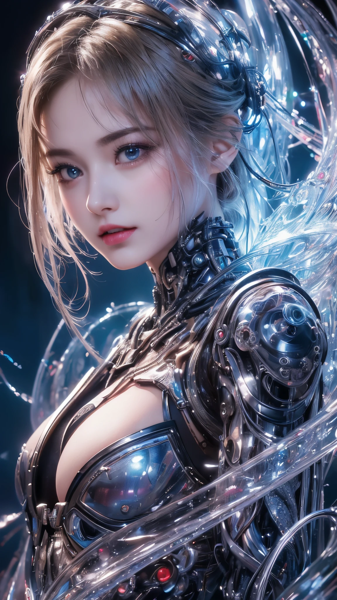 (masterpiece, top quality, best quality, official art, beautiful and aesthetic:1.2), (1girl), (fractal art:1.2),absurdres, highres, ultra detailed, Ultra-precise depiction, solo, (zentangle:1.2), floating hair, shiny skin, (abstract:1.2), pantyhose,looking at viewer, cyberpunk robot, complex robot, halo,