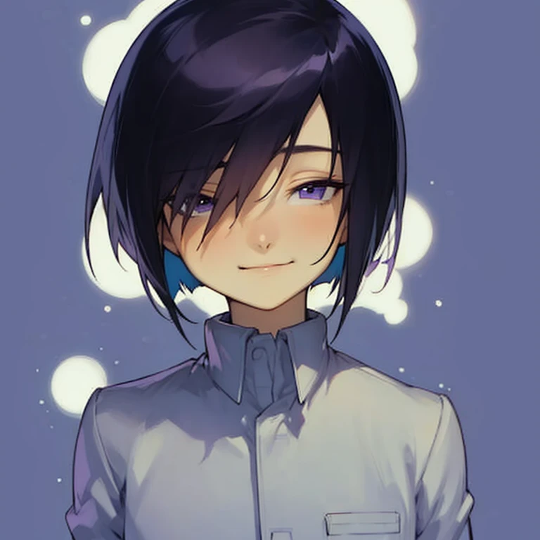 1boy, black chin length hair, purple eyes, white uniform 