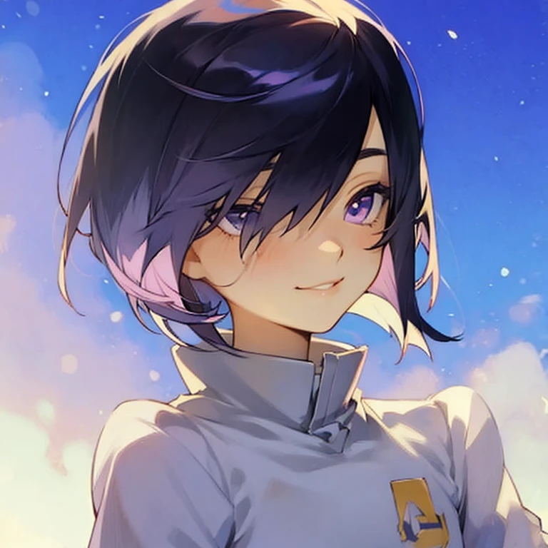 1boy, black chin length hair, purple eyes, white uniform 