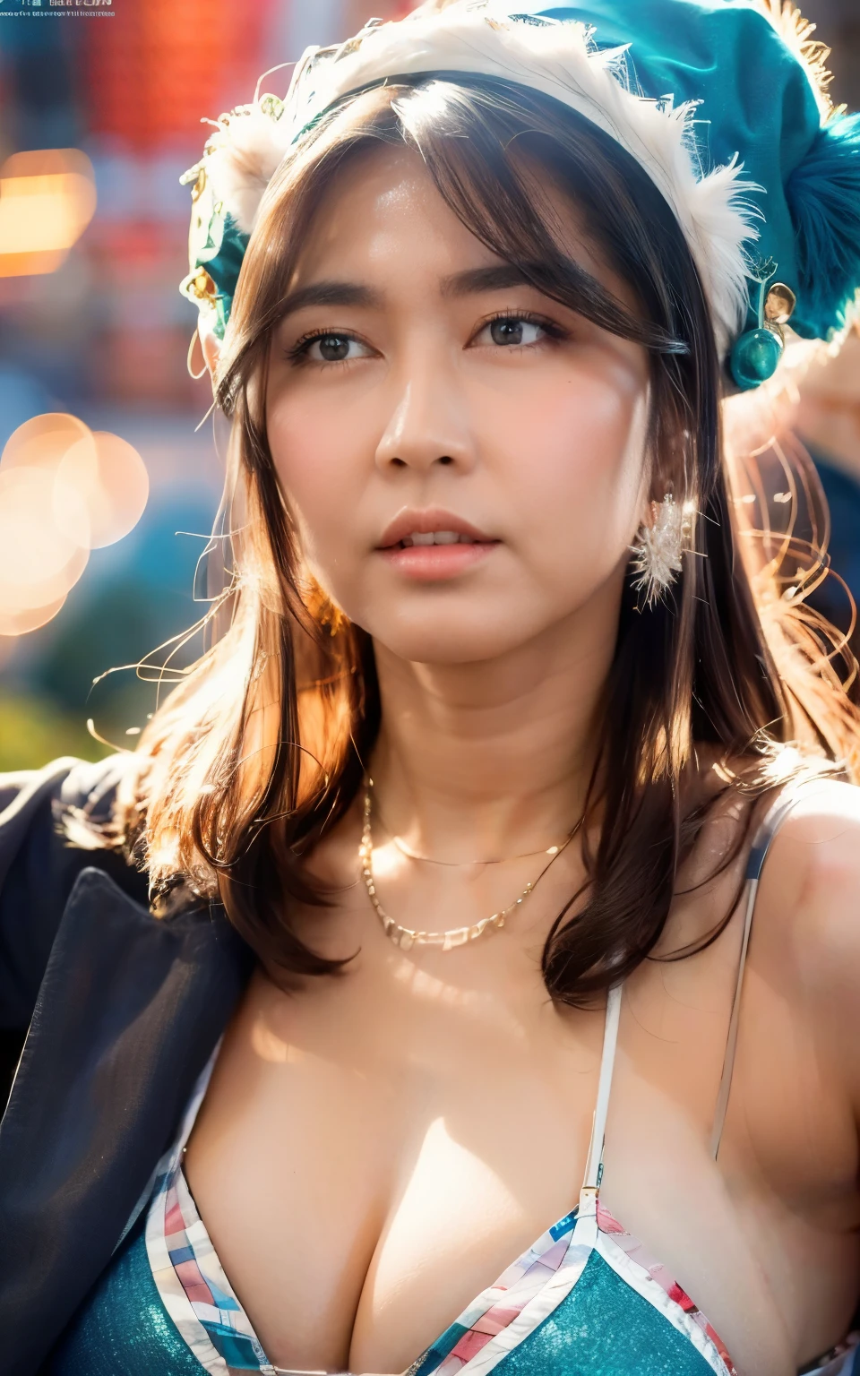 Highly detailed CG Unity 8k wallpaper, top quality, super detailed, masterpiece, realistic, photo realistic, very detailed girl, detailed face, 25 years old, round eyes, looking at viewer, light smile, blush, (closed lips, closed mouth), upper body , luxury livingroom, christmas tree, blue santa claus bikini, blue santa claus hat, jingle bell necklace, (large breasts : 1.3), jessica veranda, photo of jessica ve